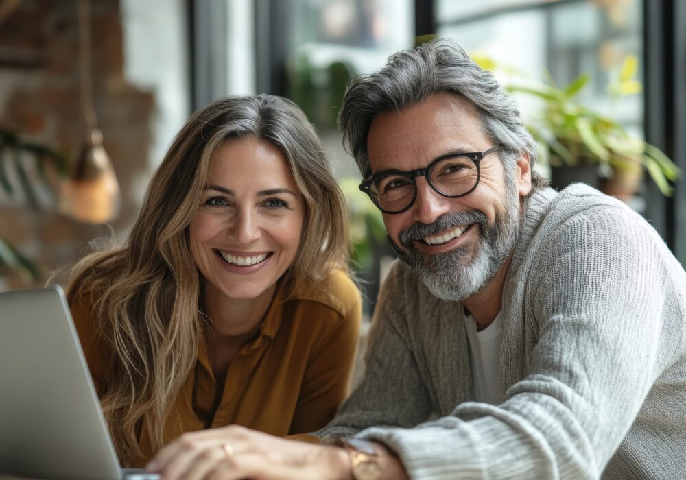 Two middle age business workers smiling happy and confident. Working together with smile on face using laptop at the office, Generative AI Two middle age business workers smiling happy and confident. Working together with smile on face using laptop at the office, Generative AI