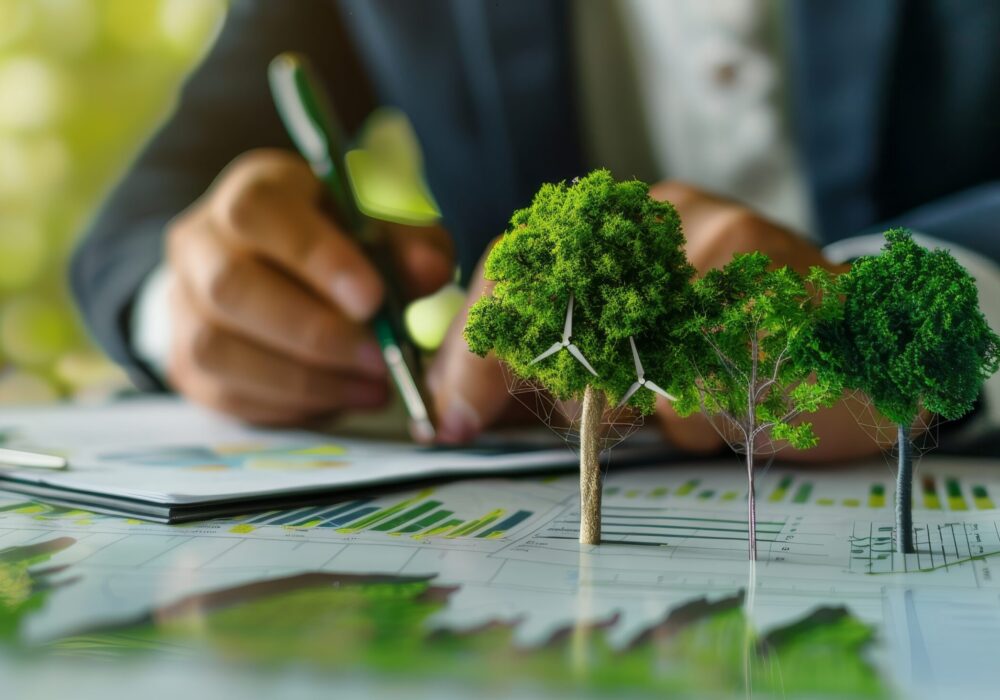 Businessman planning environmental protection, esg display on eco friendly company chart Businessman planning environmental protection, esg display on eco friendly company chart