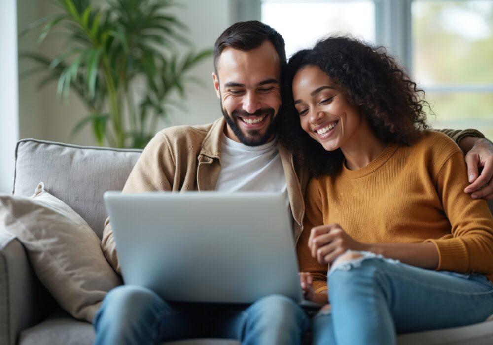 Smiling multiracial couple watches computer laptop sitting on sofa at home. Diverse husband, wife using pc online services. Technology lifestyle concept. Booking tickets, shopping online. Smiling multiracial couple watches computer laptop sitting on sofa at home. Diverse husband, wife using pc online services. Technology lifestyle concept. Booking tickets shopping online.